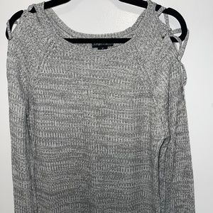 Evelyn Taylor gray gradient sweater with grommet and lace-up shoulder detail